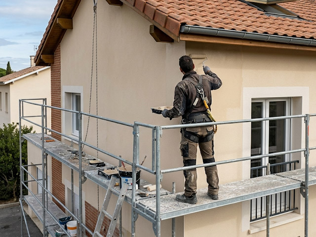 Artisan façadier réalisant un ravalement et une peinture de façade à Septfonds